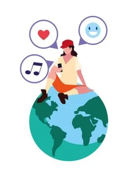 Man sitting on world using smartphone social media 스톡 일러스트
