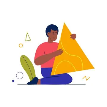 Man sitting with yellow simple triangle in hands, tiny male character with Stock Illustration