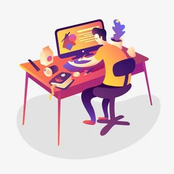 Man sittining at the computer. Creative people. Working process. Freelance. Stock Illustration