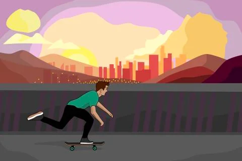 Man on a skateboard at sunset beautiful vector illustration Stock Illustration