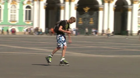 Man skates on roller-skaters on Palace Square. St. Petersburg. Russia. 2015 스톡 동영상 51864809