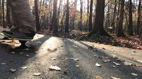 Man skating longboard on the leafs covered path. Stock Footage 82508515