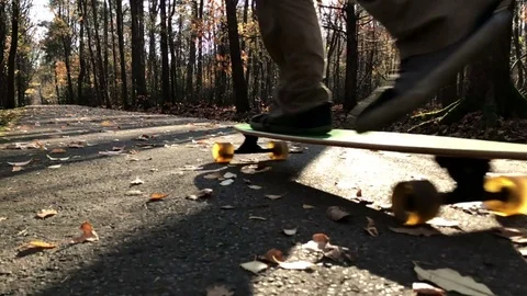 Man skating longboard on the leafs covered path. Vídeo Stock 82515310