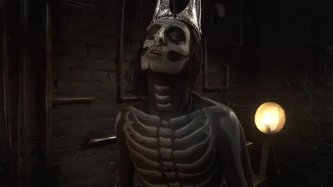 A man skeleton pulls hands to you. Halloween holiday. Stock Footage 97397915