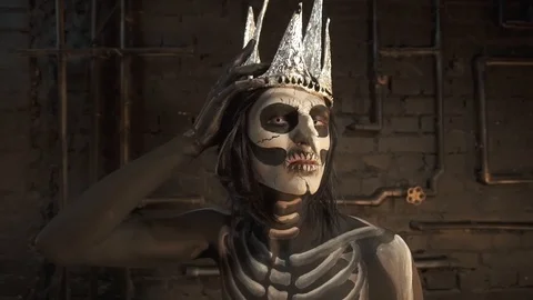 A man skeleton pulls hands to you. Halloween holiday. Stock Footage 97398036