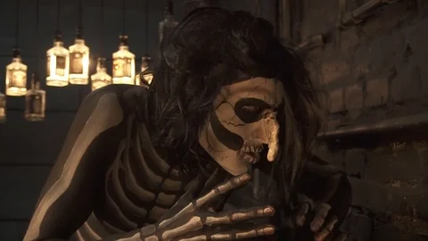 A man skeleton pulls hands to you. Halloween holiday. 스톡 동영상 97398150