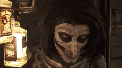 A man skeleton pulls hands to you. Halloween holiday. Stock Footage 97398167