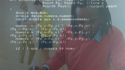 Man sketching tablet in tech meeting while C++ code overlaying sparking women Stock Footage 329126143