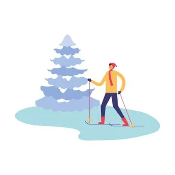 Man with ski and pine tree winter season Illustrazione stock