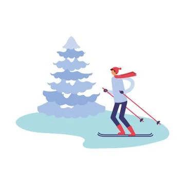 Man with ski and pine tree winter season Illustrazione stock