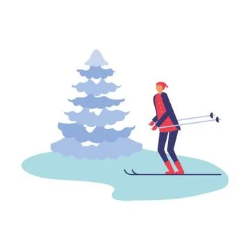 Man with ski and pine tree winter season Illustrazione stock