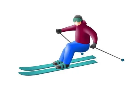 Man skiing 3d render illustration, rounded shapes cartoon style, skier slide Illustrazione stock