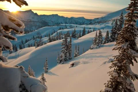 A man skiing deep powder while backcountry skiing at Sol Mountain, Monashee Stock Photos