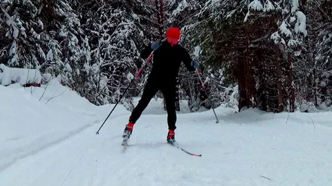 A man skiing in a winter forest Video stock 76141167
