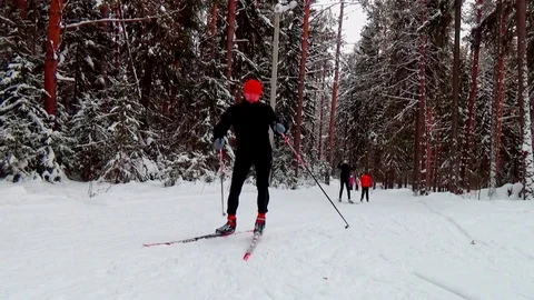 A man skiing in a winter forest Video stock 76141168