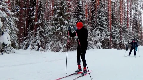 A man skiing in a winter forest Video stock 76141187