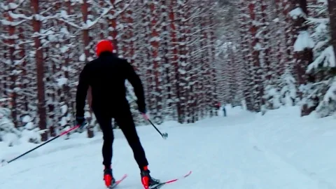 A man skiing in a winter forest Video stock 76141248