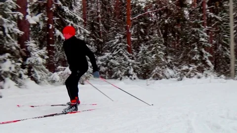 A man skiing in a winter forest Video stock 76141267