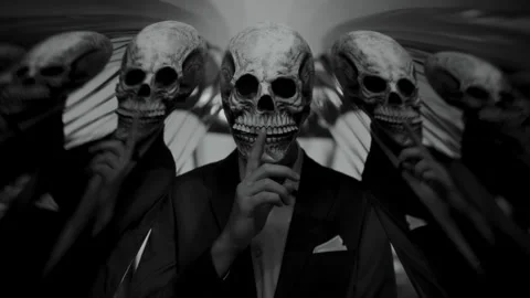 A man with a skull mask in a suit making a be quiet sign with his hand Video stock 259889666
