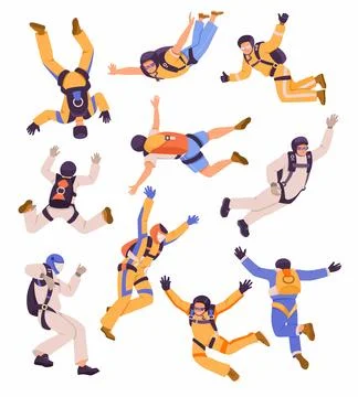 Man Skydiver in Flight Free Falling with Parachute Vector Set Illustrazione stock