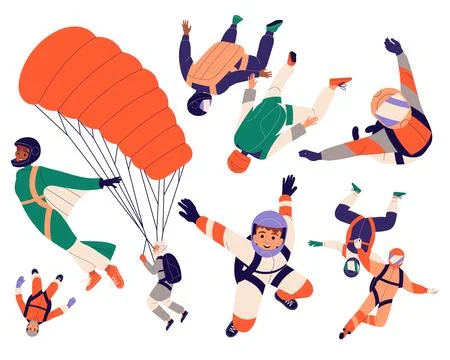 Man Skydiver in Flight Free Falling with Parachute Vector Set Stock Illustration