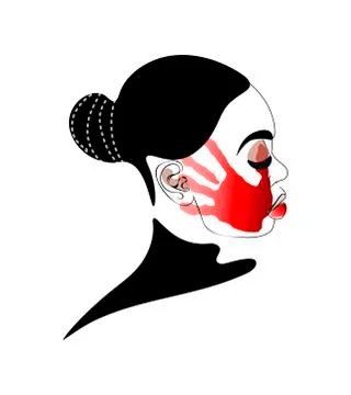 Man slapping and abusing young woman. Concept. Red slapping hand print on womans Stock Illustration