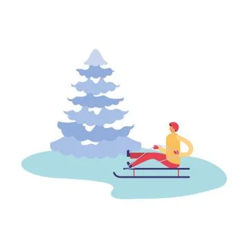Man with sled and pine tree winter season Illustrazione stock