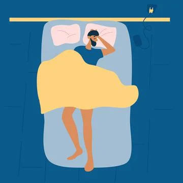 Man sleep in bed at night. Top view.  Sleeping man. Healthy lifestyle concept Stock Illustration