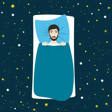 Man with sleep problems and insomnia symptoms. Flat  illustration. Stock Illustration