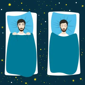 Man with sleep problems and insomnia symptoms versus good sleep man. Flat  il Stock Illustration