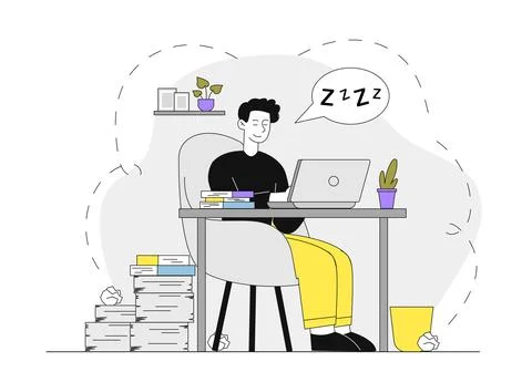 Man sleep at work. Young guy with laptop sleeping at his workplace. Emotional Illustrazione stock