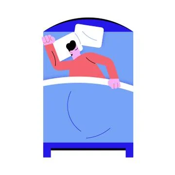 Man sleeping alone in big bed with blue linens vector illustration Stock Illustration