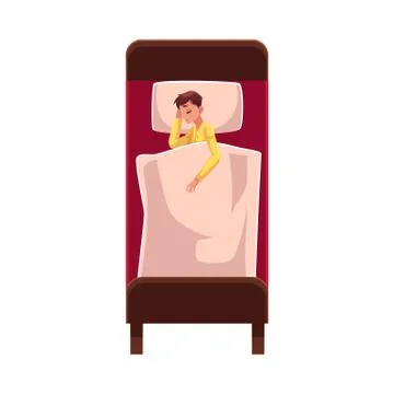 Man sleeping in bed on side under blanket, wearing pajamas Stock Illustration