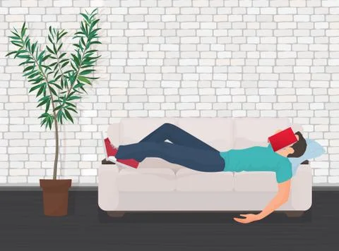 Man sleeping on the couch sofa with book covering his face. Tired student fall Stock Illustration