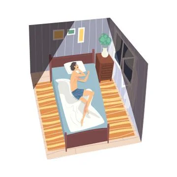 Man Sleeping on His Side in His Bed at Night, View from Above, Man in Everyday Ilustração Stock