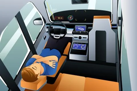 Man Sleeping in Self Driving Car Illustration Stock Illustration