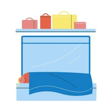 Man sleeping in train near window with baggage suitcaces on upper shelf Stock Illustration