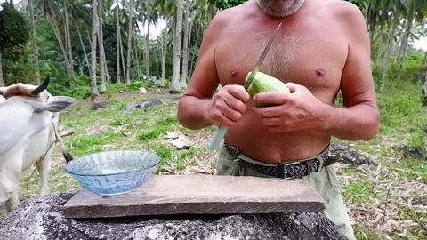 A man slices a green vegetable. Video stock 122911651