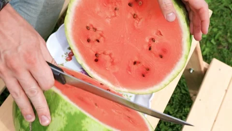 A man slices a watermelon outside Stock Footage 317291823