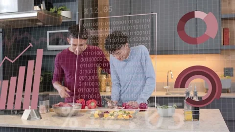 Man slicing onion and tapping tablet, analytics appearing on island while mate Stockbeeldmateriaal 333035342