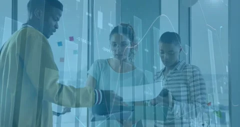 Man sliding data sheet toward center woman group comparing tablets analysis Stock Footage 317741360