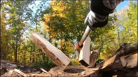Man with Small Axe and Work Gloves Cutting Wood in Slow Stock Footage 142314959