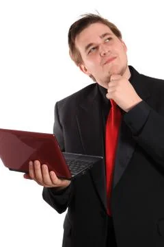 Man with small computer laptop Stock Photos