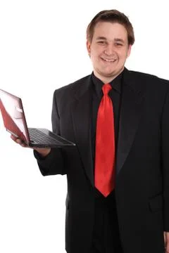 Man with small computer laptop Stock Photos