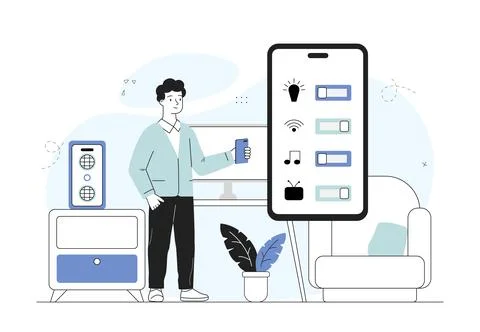 Man with smart home. Young guy with smartphone remotely controls apartment Stockillustratie