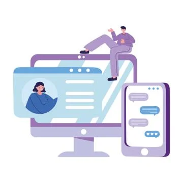 Man with smartphone and computer chatting vector design イラスト素材