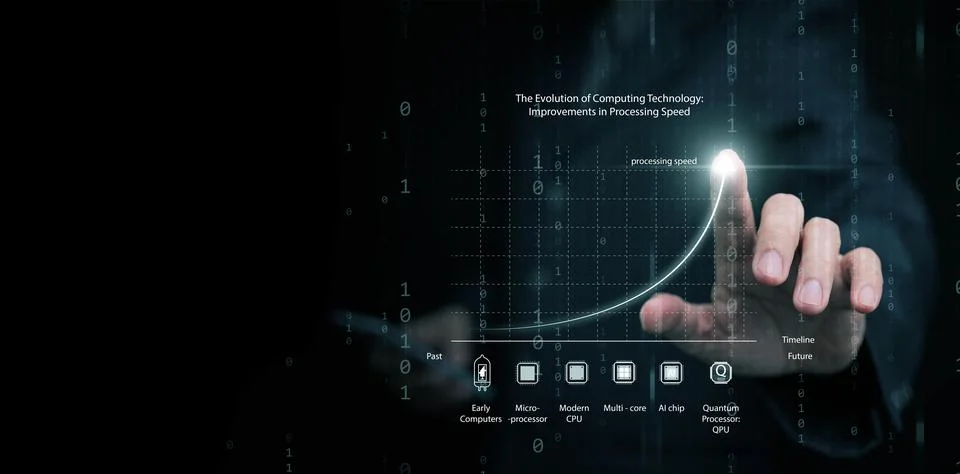 Man with smartphone draws graph of computing technology evolution. Exponent.. Stock Photos