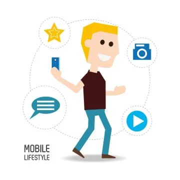 Man with smartphone in the hand and technological apps Stock Illustration