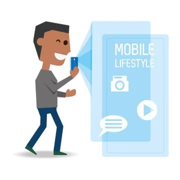Man with smartphone in the hand and technological apps Stock Illustration