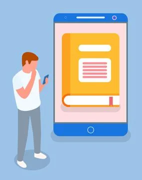Man with smartphone. Image of book on large digital screen. Flat vector image Ilustración de archivo